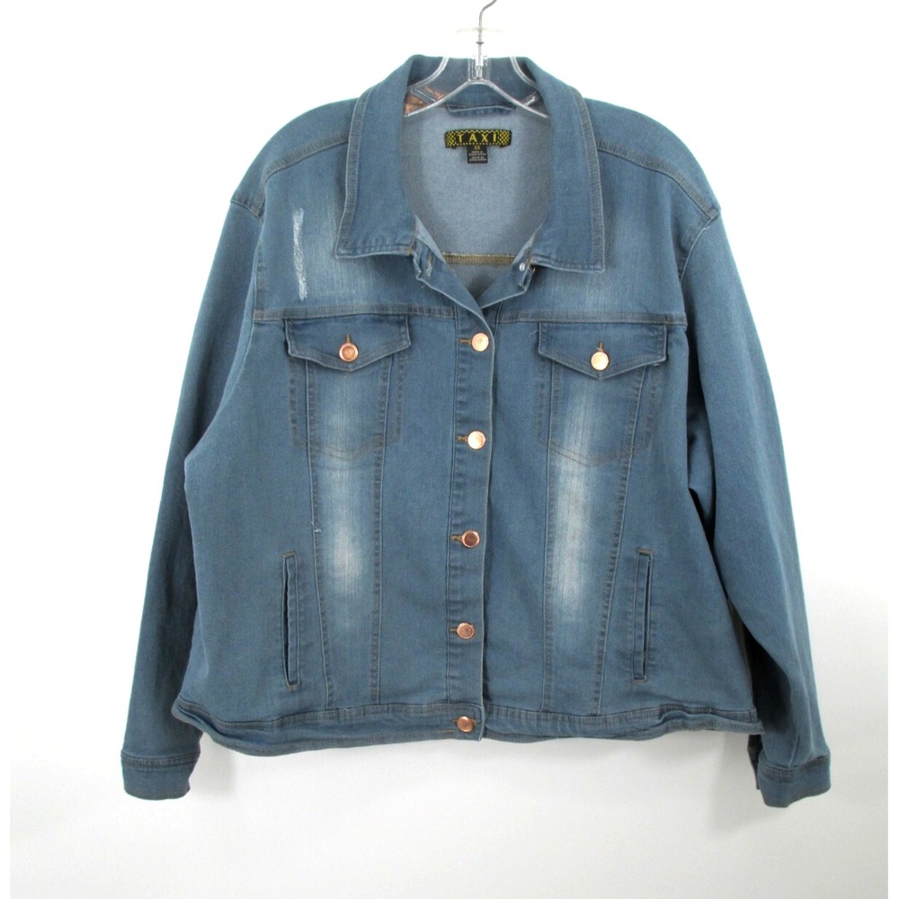 TAXI Jean Jacket Women 2X Blue Denim Button Up Stretch Pockets Western Trucker